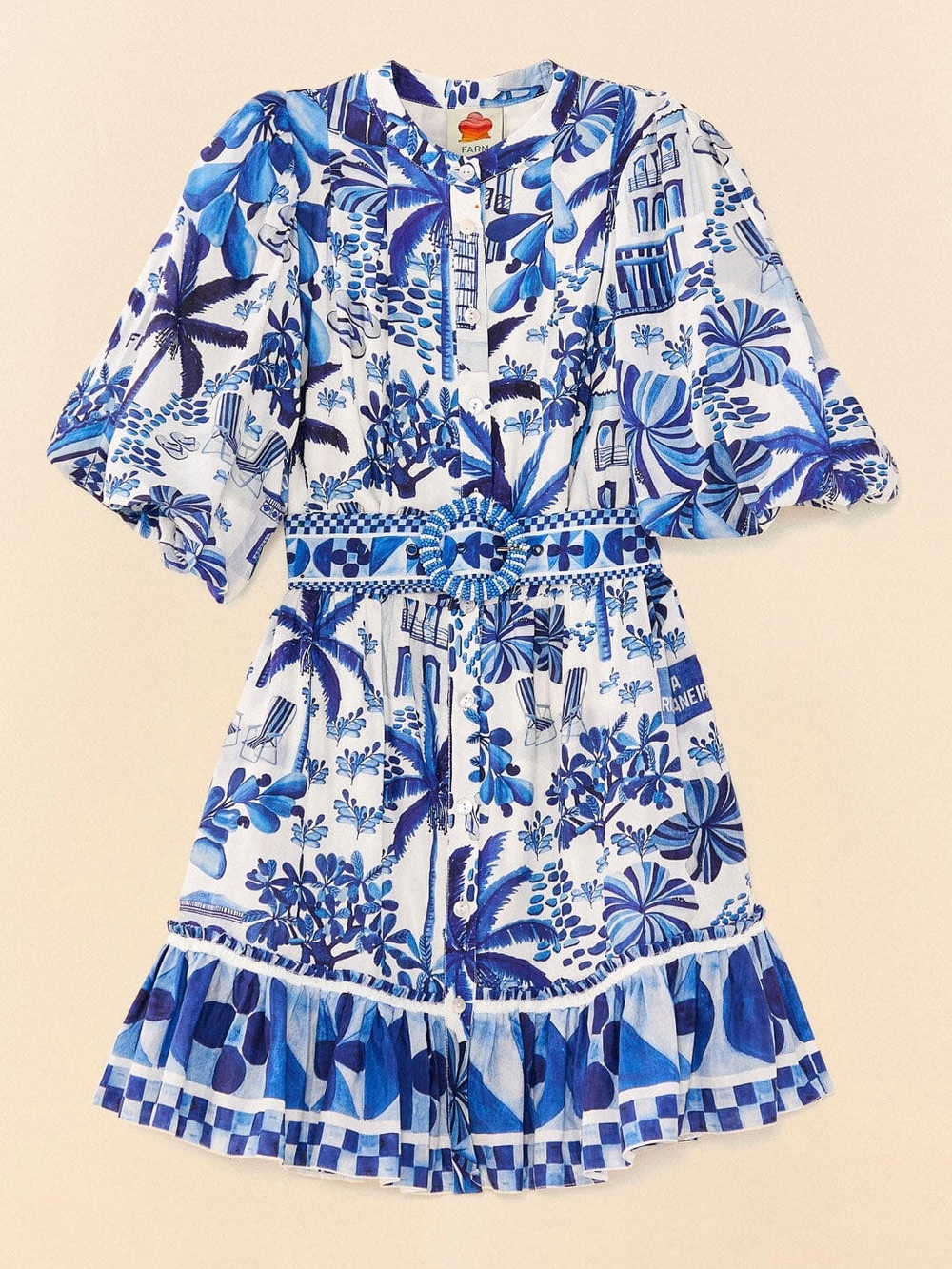 FARM Rio Blue and White Tropical Print Short Dress